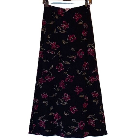 LA BELLE Vintage Classic Maxi Skirt Black with Floral Print USA Womens Medium - Picture 1 of 6